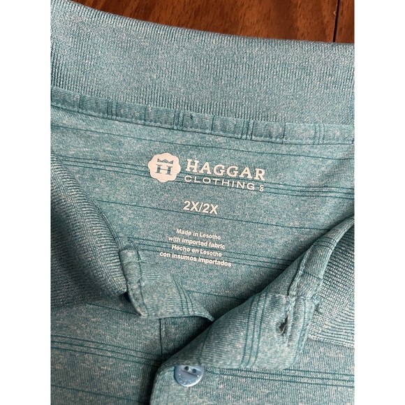 Haggar Mens Blue Stripes Sz XXL Polo Shirt Blue Teal Short Sleeve Button Down - Picture 3 of 5